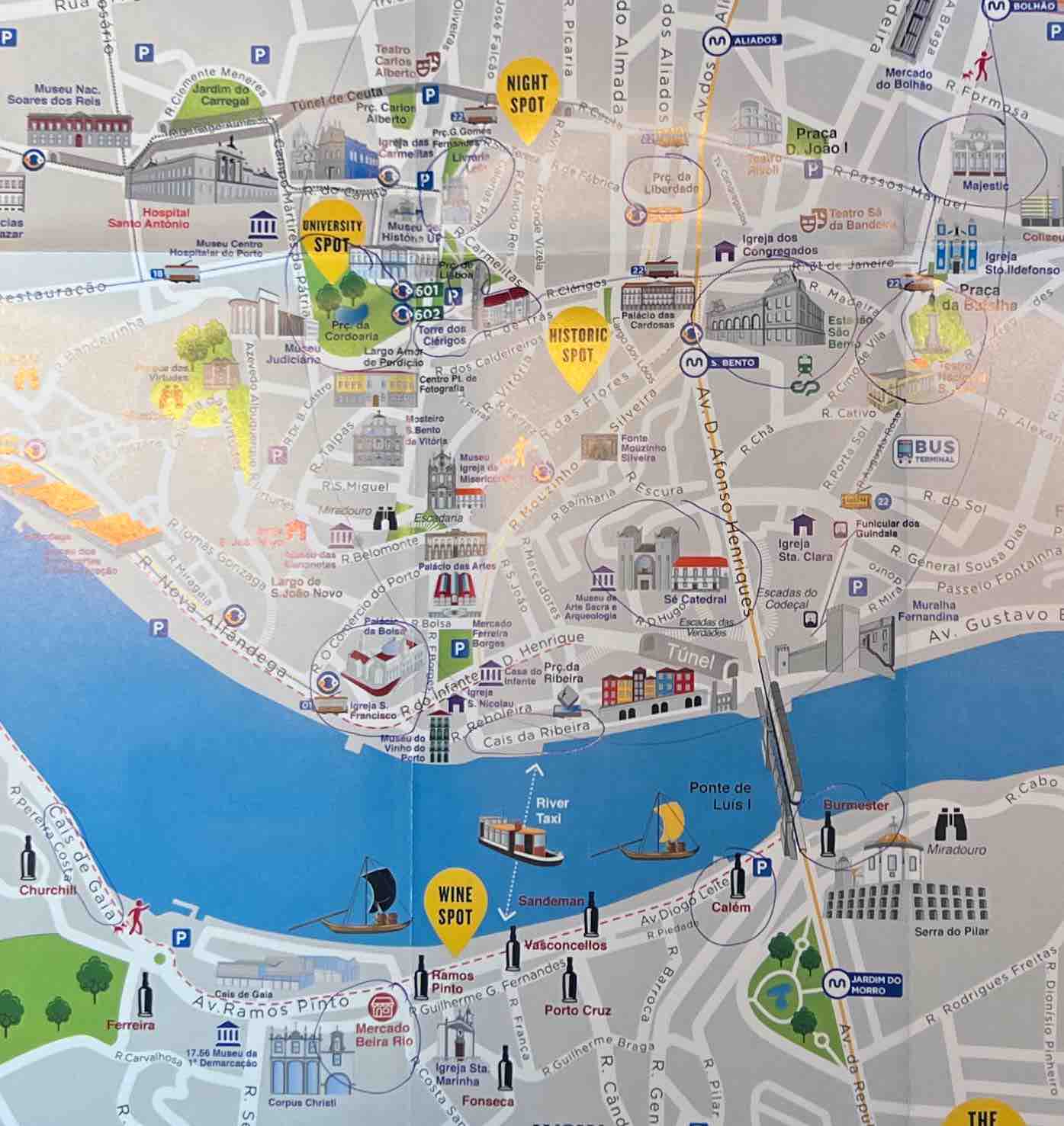 Stadtplan mit Sehenswürdigkeiten in Porto